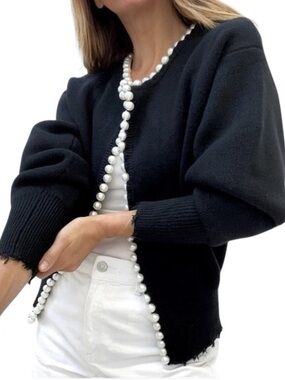 COMMENSE Pearl Trim Cardigan with Hem + Sleeve Distressing